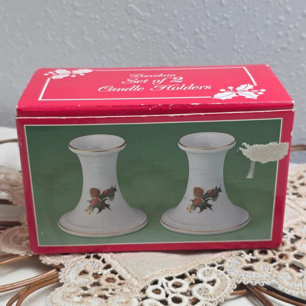 Vintage Woolworth Porcelain Christmas Holly Berry Pinecone Candlesticks Gold Rim